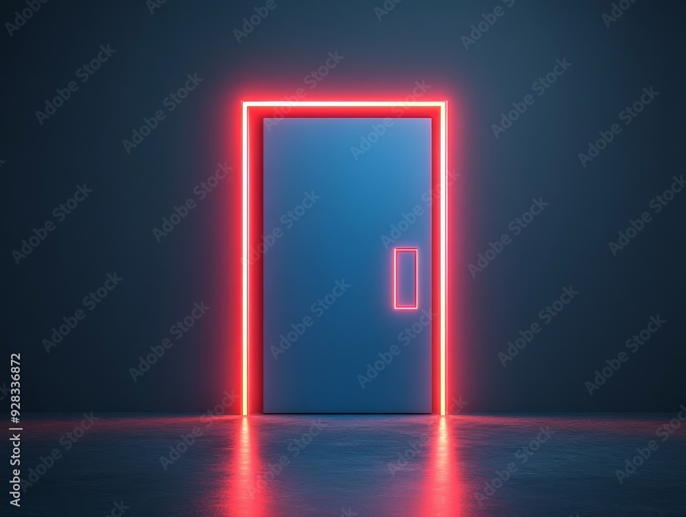 Poster a futuristic door illuminated by bright neon lights, creating an inviting and mysterious atmosphere 