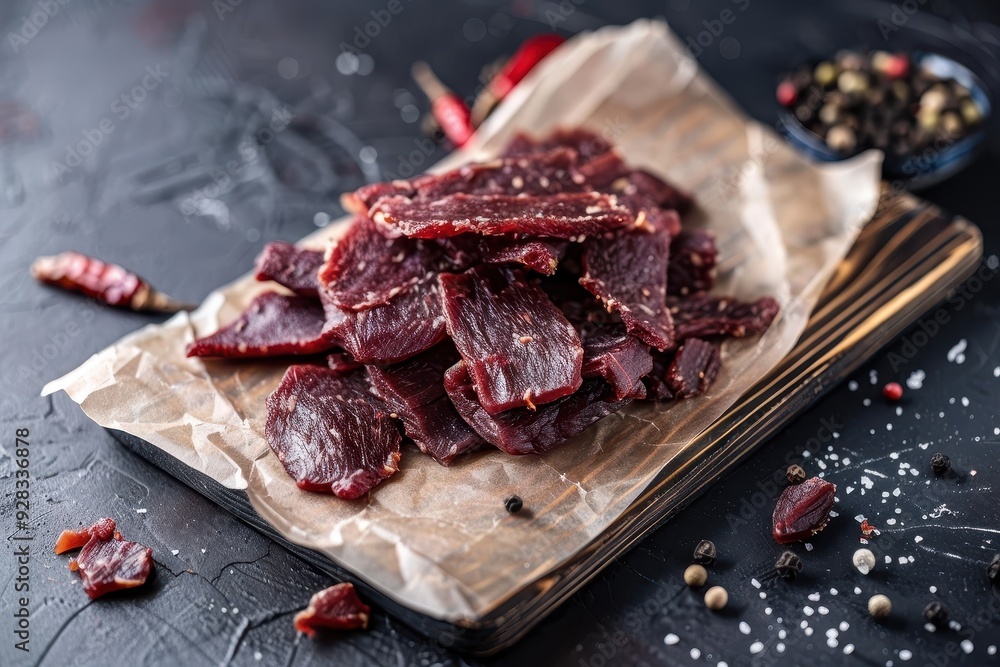 Poster beef jerky pieces on cutting board black background