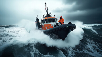 A rescue boat navigates through rough seas, with crew members in orange safety gear on board, battling high waves under a stormy sky.