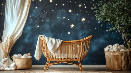 Cozy nursery with a starlit wallpaper and a wicker crib.