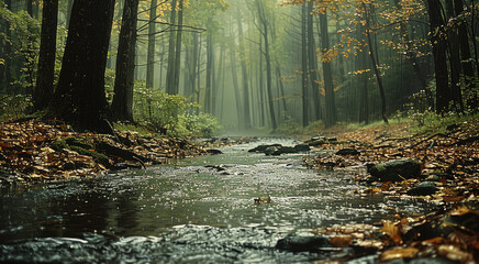 Obraz premium Beautiful countryside, in the woods, drizzling. Generative AI.