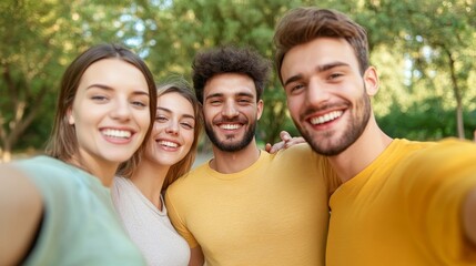 Fototapeta premium A group of four young friends smile and take a selfie in a park. They are all wearing yellow shirts.