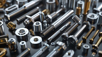 Realistic 3D render of industrial fasteners, various sizes
