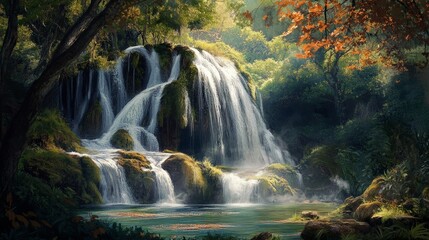 Hidden deep within the ancient forest, a majestic waterfall cascades down moss-covered rocks, its roar blending harmoniously with the rustling leaves.