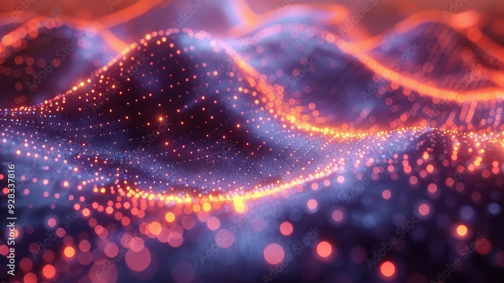 Poster abstract digital landscape featuring glowing particles and vibrant waves, creating a stunning visual
