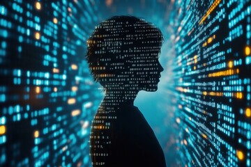 Illustration of a human silhouette with binary code background
