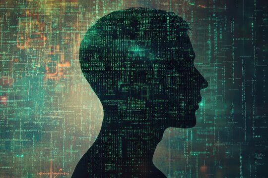 Illustration of a human silhouette with binary code background
