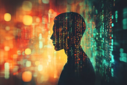 Illustration of a human silhouette with binary code background