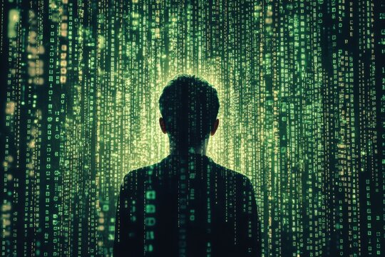 Illustration of a human silhouette with binary code background