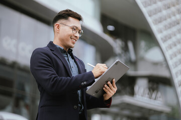 Fototapeta premium A cheerful young Asian businesswoman in a modern city, smiling confidently while using her smartphone outdoors, dressed in a professional suit, embodying success and digital connectivity.
