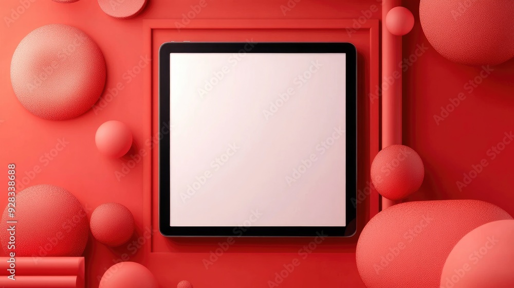 Aufkleber a tablet with blank screen on a red background with 3d geometric shapes.