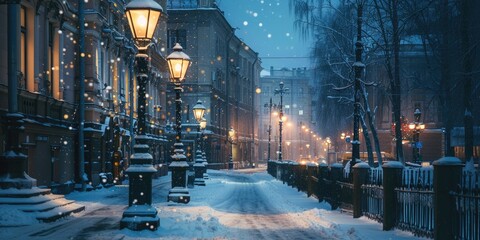 Winter cityscape at night with snow-covered streets and glowing street lamps.