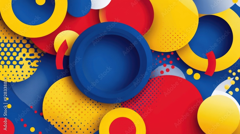 Aufkleber abstract background with colorful overlapping circles and geometric patterns in yellow, red, and blu