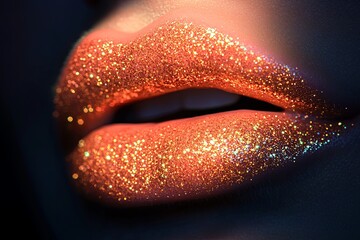 A woman's lips are covered in glittery gold makeup