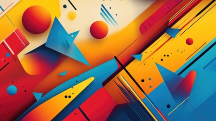 Abstract geometric background with blue, orange, and red shapes.