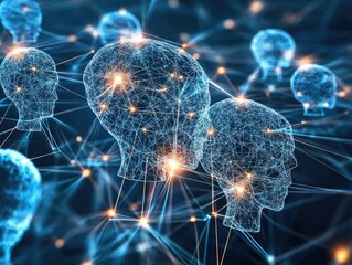 Obraz premium Abstract digital human profiles interconnected in a network with glowing points and lines.