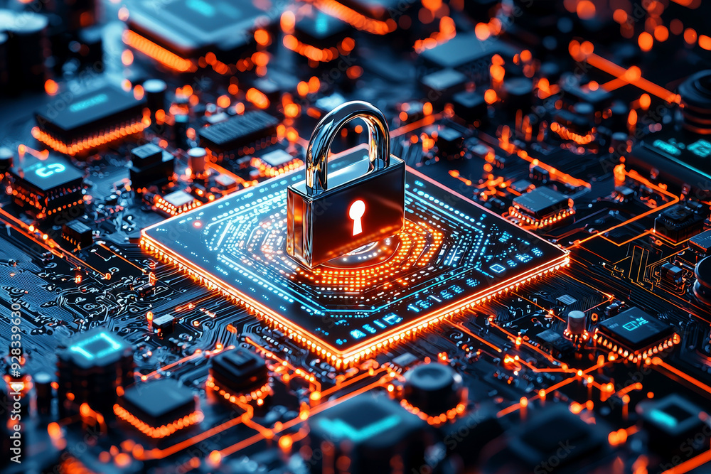 Poster digital pad lock icon with electronic circuit board. security and protection data technology backgro