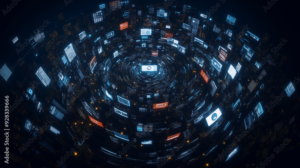 Poster a futuristic digital data network visualized as a swirling vortex of holographic ui data streams