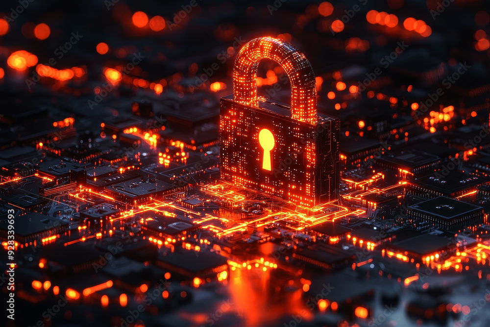 Poster digital pad lock icon with electronic circuit board. security and protection data technology backgro