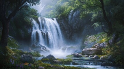 Fototapeta premium Hidden deep within the forest, pure waters tumble over ancient stones, creating a serene and enchanting scene.