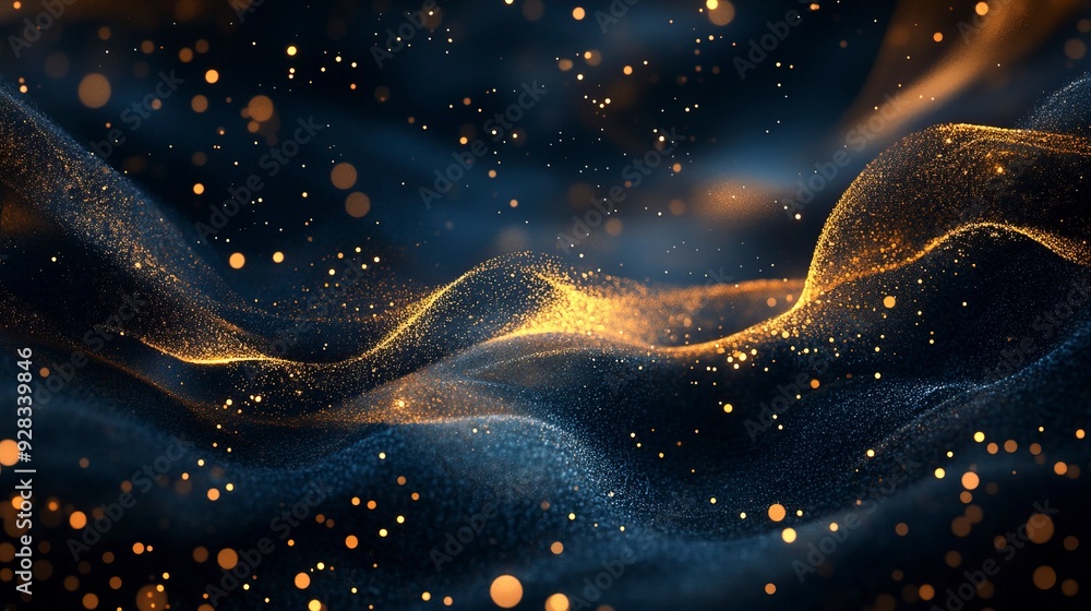 Poster abstract background with dark blue and gold hues, featuring intricate patterns and shimmering partic