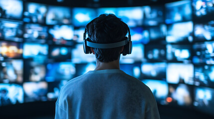 Back view of a person wearing headphones is watch multi digital screen, immersive and high-tech experience.