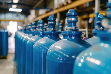 Blue oxygen tanks filled with compressed gas for industrial use in the production of liquefied oxygen