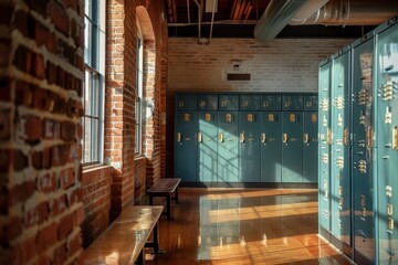 Blurred view of gym locker rooms and brick wall in soft focus