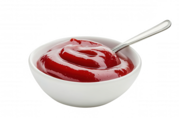 Delicious red ketchup in a white bowl with a spoon, transparent background