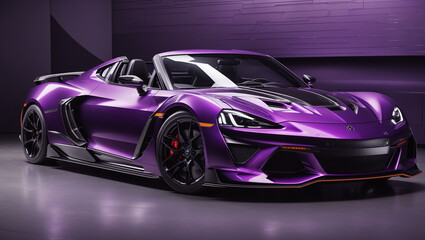 A bright blue, futuristic sports car in a dark garage.

