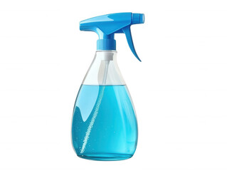 Blue plastic spray bottle filled with blue liquid, transparent background