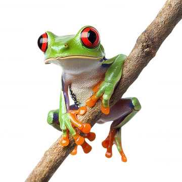 A vibrant red-eyed tree frog perched on a branch, transparent background