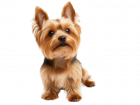 A small brown Yorkshire Terrier dog sits and looks up at the camera with big, transparent background - Powered by Adobe