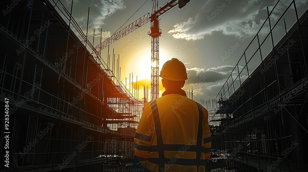 Leinwandbilder a lone worker stands in the shadow of a towering tower crane at site. generative ai.