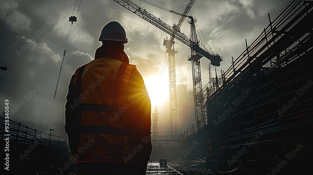 Fototapete A lone worker stands in the shadow of a towering tower crane at site. Generative AI.