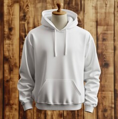 Plush White Hoodie on a Mannequin against a Wooden Background: An Ideal Canvas for Brand Modeling and Design Presentation,Product display, e-commerce advertising, e-commerce posters, Product Close-up