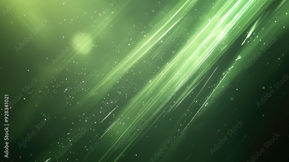 Poster Abstract green background with diagonal lines of light and bokeh effect.