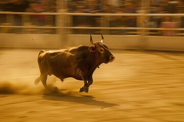 Brown bull charging in arena