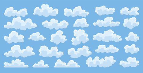 Clouds icon collection. Abstract white cloudscape icon symbols. Various shapes in flat style. cloudy design elements