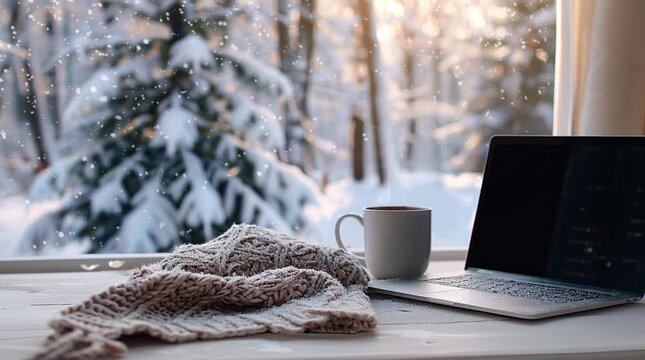 Coffee and laptop by a frosty window with a snowy winter landscape outside.
  Seamless looping 4k time-lapse virtual video animation Generated AI