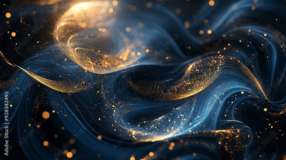 Aufkleber abstract background with dark blue and gold hues, featuring intricate patterns and shimmering partic
