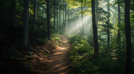 Fototapeta premium Enchanting Hiking Trail Through a Verdant Forest Bathed in Dappled Sunlight Offering a Peaceful Nature Adventure