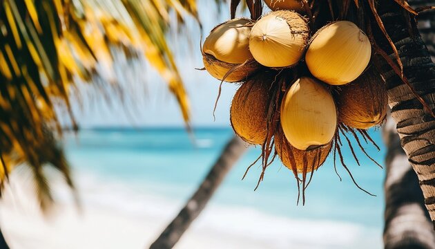 Fresh Coconuts Hanging from Palm Tree on Tropical Beach