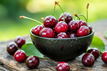 cherries in ceramic bowl red cherry and leaf in cup on wooden background on sunlight fresh cherries bowl as healthy harvest concept sweet organic farm berries on old rustic stump juicy tasty fruit