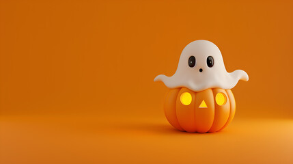 Illustration of a funny ghost inside a pumpkin with orange background for halloween