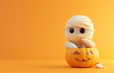 Illustration of a lovely zombie inside a pumpkin with orange background for halloween