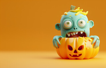 Illustration of a funny zombie inside a pumpkin with orange background for halloween