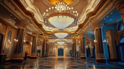 Obraz premium Luxurious chandelier-lit interior showcasing exquisite architecture and elegant design for upscale venues or events.
