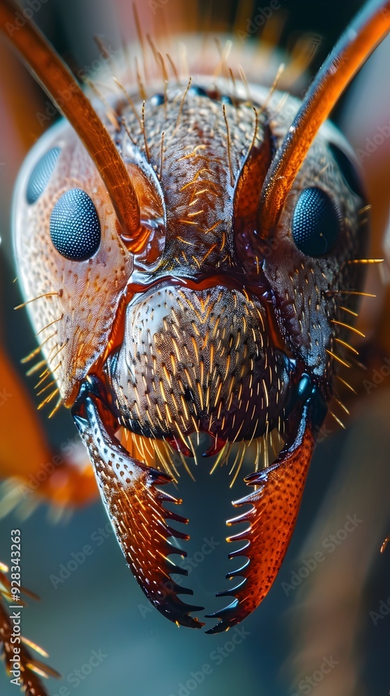 Poster extreme close up macro shot of ant mandibles highlighting their sharpness and intricate structure