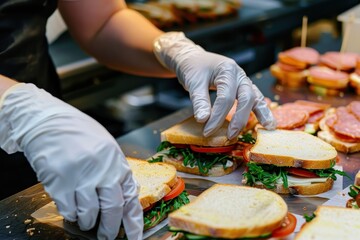 Caterer in gloves arranging sandwiches
